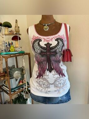 VTG Y2K White + Pink Rhinestone Ribbed Tank Top w Cross & Wing Details by Vocal